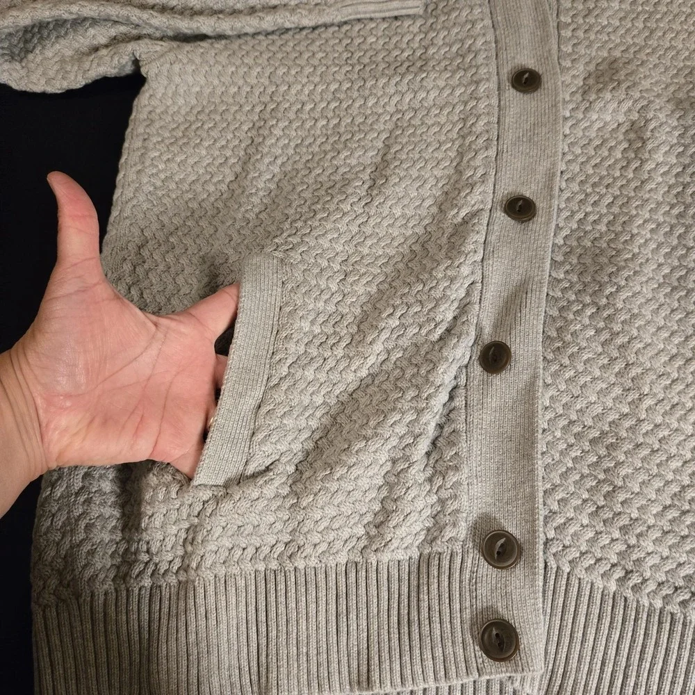 Lands' End Cardigan Sweater Mens Large Gray Drifter‎ Button Front Mock Neck Knit
